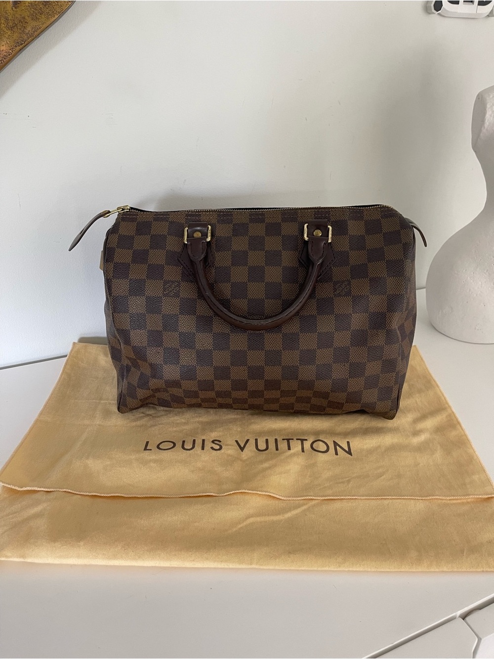 Louis Vuitton Brown Damier Canvas Handbag with Gold Lock